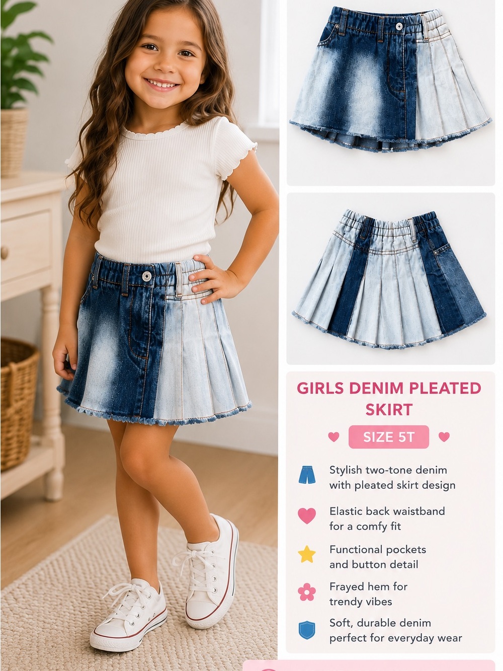 Girls Two-Tone Denim Pleated Skirt - Blue